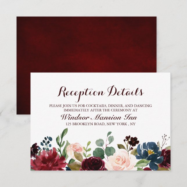 Burgundy Red Navy Blommigt Rustic Boho Reception Inbjudningar (Fram/baksida)