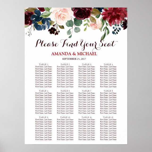 Burgundy Red Navy Blommigt Rustic Boho Seation Cha Poster (Framsidan)