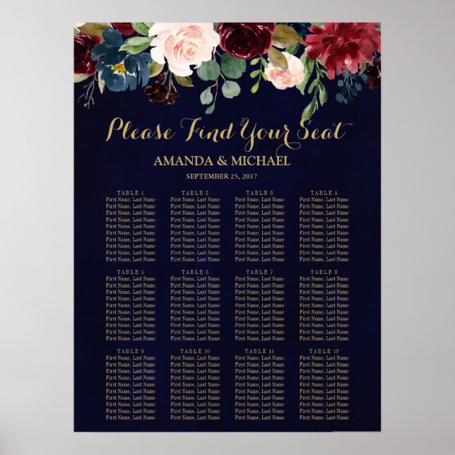 Burgundy Red Navy Blommigt Rustic Boho Seation Cha Poster (Framsidan)