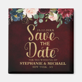 Burgundy Red Navy Blommigt Rustic Boho Sve datum Magnet