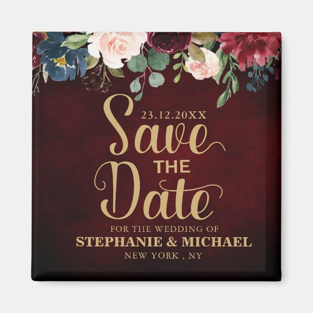 Burgundy Red Navy Blommigt Rustic Boho Sve datum Magnet (Framsidan)