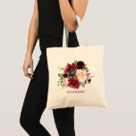 Burgundy Red Navy Blommigt Rustic Boho Tote bag Tygkasse<br><div class="desc">Vattenfärg Burgundy Red Navy Blommigt Rustic Boho Bröllop tote bag. Perfekt för ett fallbröllop. Utformningen har en fantastisk bukett av burgundy/Marsala,  persika,  marinblommor med matchande löv. Hitta fler matchande utformningar och variationer i min "blissweddingpaperie"-butik. Och kontakta mig gärna om du vill ha anpassningsbar.</div>