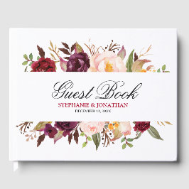 Burgundy Red Navy Blommigt Rustic Bröllop gäst bok