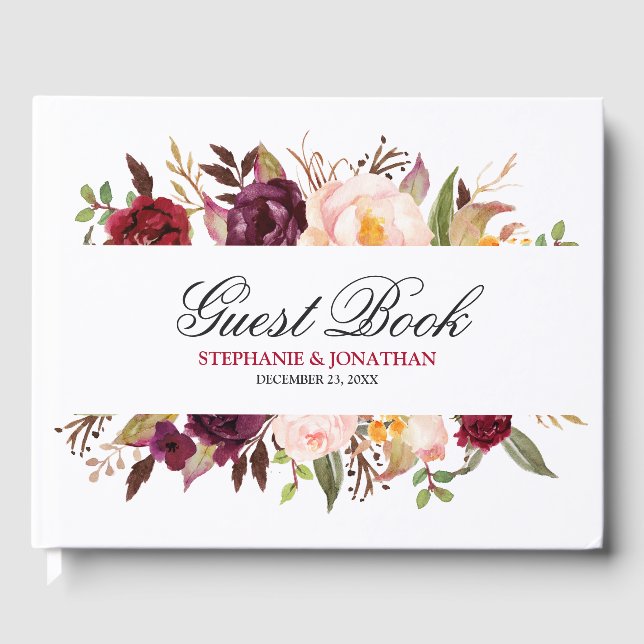 Burgundy Red Navy Blommigt Rustic Bröllop gäst bok (Framsida)