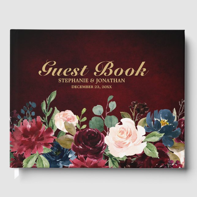 Burgundy Red Navy Blommigt Rustic Bröllop gäst bok (Framsida)