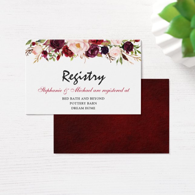Burgundy Red Navy Blommigt Rustic Bröllop Registry Visitkort (Skivbord)