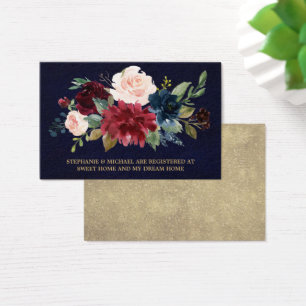 Burgundy Red Navy Blommigt Rustic Bröllop Registry Visitkort