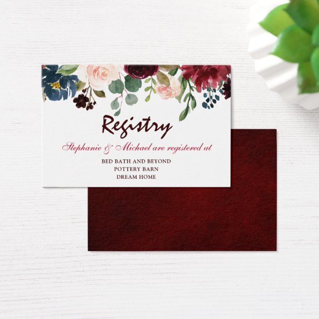 Burgundy Red Navy Blommigt Rustic Bröllop Registry Visitkort (Skivbord)