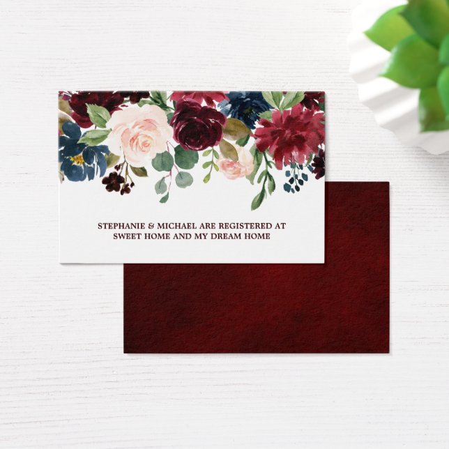 Burgundy Red Navy Blommigt Rustic Bröllop Registry Visitkort (Skivbord)