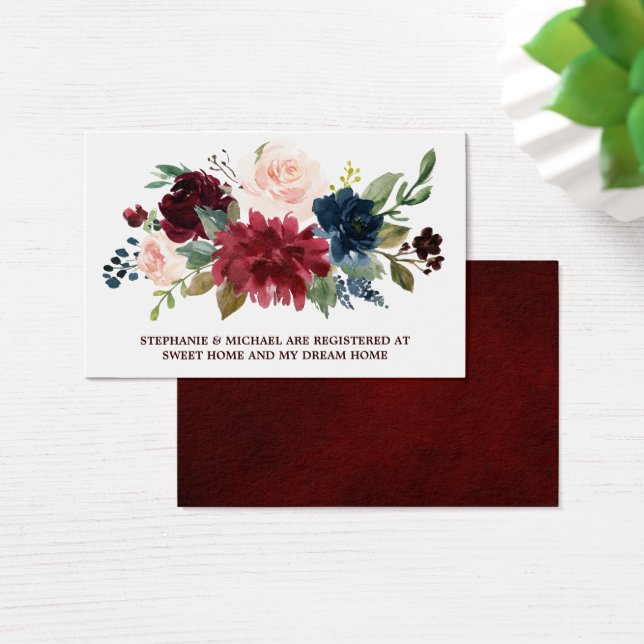 Burgundy Red Navy Blommigt Rustic Bröllop Registry Visitkort (Skivbord)