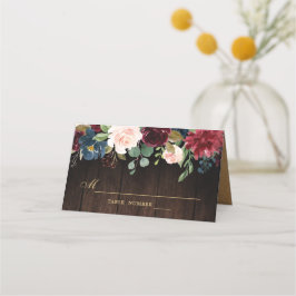 Burgundy Red Navy Blommigt Rustic Wooden Place Car Placeringskort