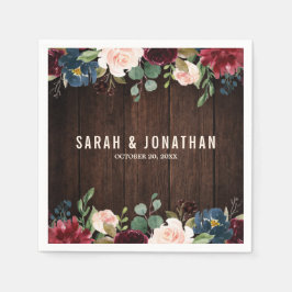 Burgundy Red Navy Blommigt Wooden Pappersservett