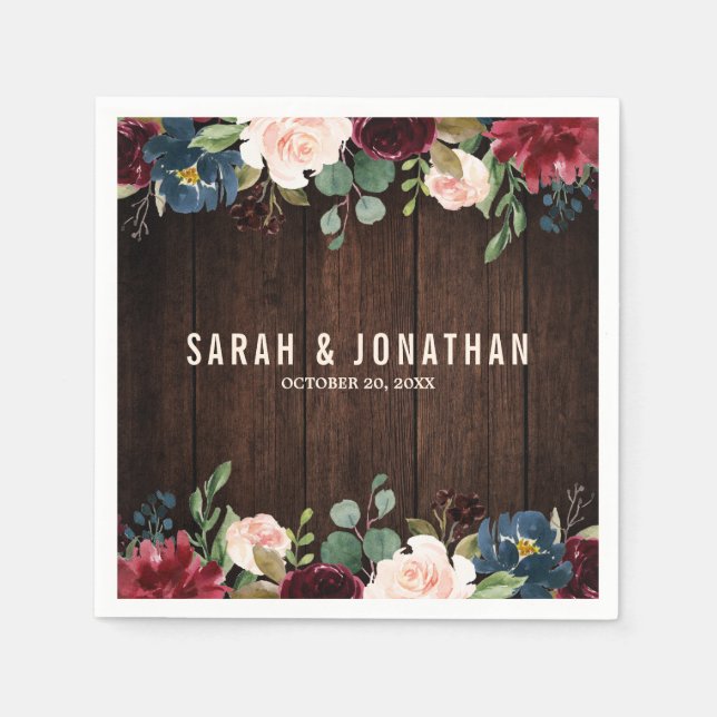 Burgundy Red Navy Blommigt Wooden Pappersservett (Framsidan)