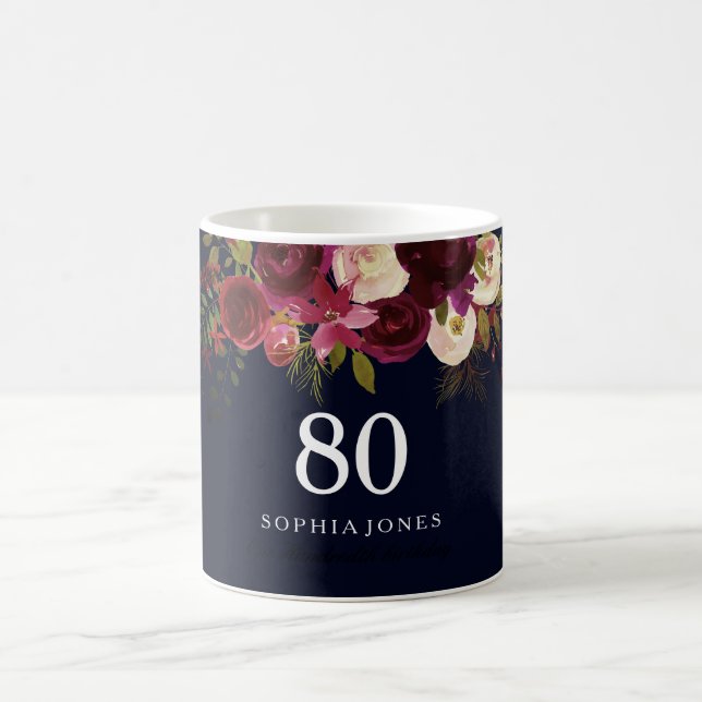 Burgundy Red Navy Blue Blommigt 80:e födelsedagsgå Kaffemugg (Center)