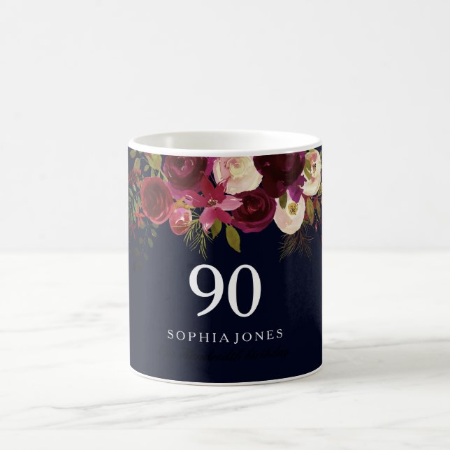 Burgundy Red Navy Blue Blommigt 90:e Birthday Gift Kaffemugg (Center)