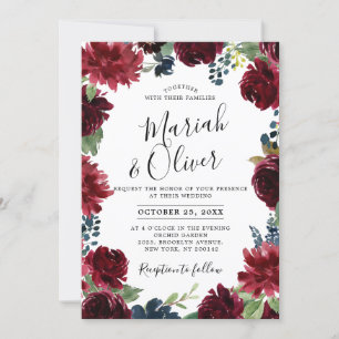 Burgundy Red Navy Blue Blommigt Boho Bröllop Inbjudningar