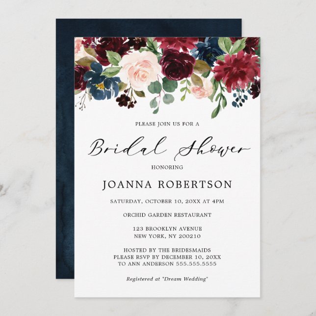 Burgundy Red Navy Blue Blommigt Möhippa Inbjudningar (Fram/baksida)