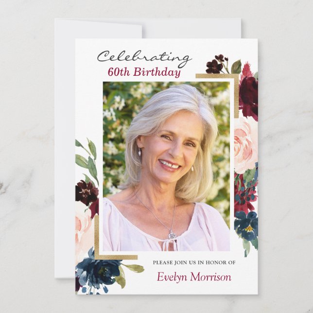 Burgundy Red Navy Blue Blommigt Photo Födelsedagsf Inbjudningar (Framsida)