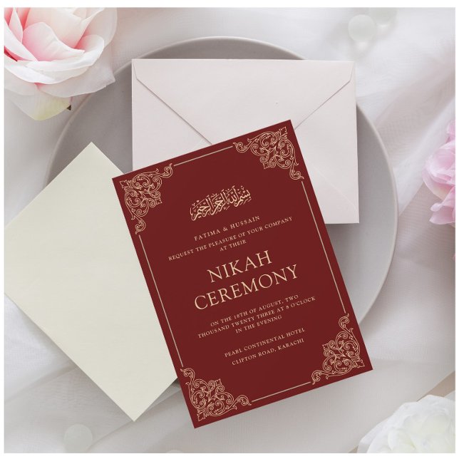 Burgundy Red Nikah Islamic Muslim Bröllop Inbjudningar (Skapare uppladdad)