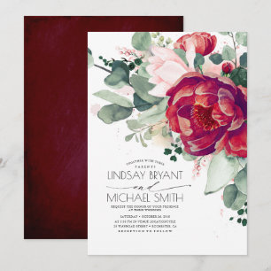 Burgundy Red och  Blommigt Elegant Boho Bröllop Inbjudningar