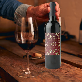 Burgundy Red och Guld 50-årsdagen Bröllop Vinflaska Etikett