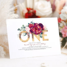 Burgundy Red och Guld Blommigt 1:a födelsedag