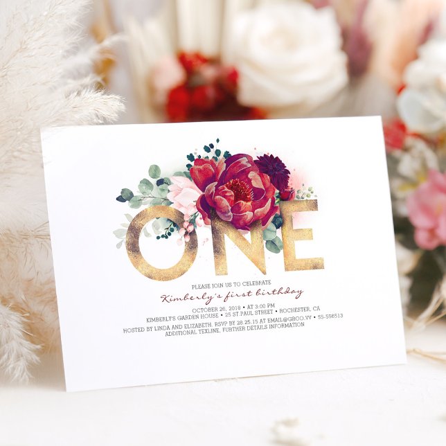 Burgundy Red och Guld Blommigt 1:a födelsedag Inbjudningar (Floral 1st Birthday Invitation)