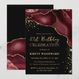 Burgundy Red och Guld Glitter Agate 21:a födelseda Inbjudningar