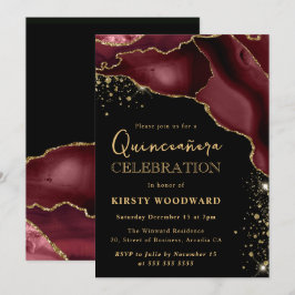 Burgundy Red och Guld Glitter Agate Quinceanera Inbjudningar
