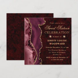 Burgundy Red och Guld Glitter Agate Sweet sixteen Inbjudningar