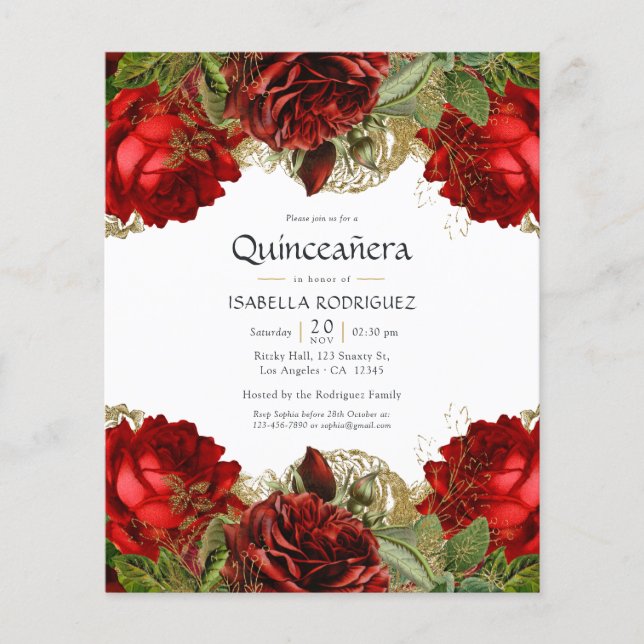 Burgundy Red och Guld Vintage Ro Quinceañera Flygblad (Framsidan)