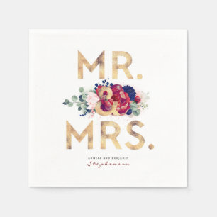 Burgundy Red och Navy Blue Watercolor Flowers Pappersservett