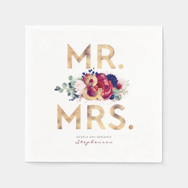 Burgundy Red och Navy Blue Watercolor Flowers Pappersservett (Framsidan)