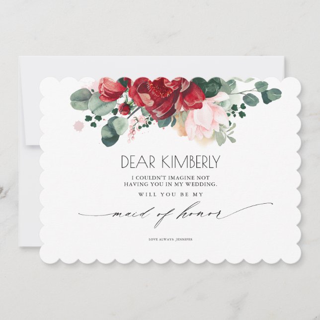 Burgundy Red och Rosa blir min Maid of honor Inbjudningar (Framsida)