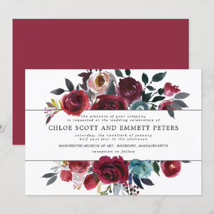 Burgundy Red och Rosa ros Blommigt Bröllop Inbjudningar