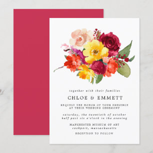 Burgundy Red Orange Gult Rosa Blommigt Bröllop Inbjudningar