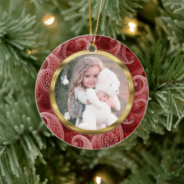 Burgundy Red Paisley Anpassningsbar Photo and Text Julgransprydnad Keramik (Träd)