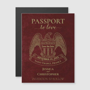 Burgundy Red Passport Bröllop Cute Spara datum Magnetisk Inbjudningskort