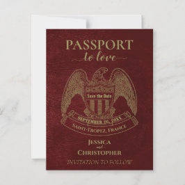 Burgundy Red Passport Bröllop Cute Spara datum Magnetisk Inbjudningskort