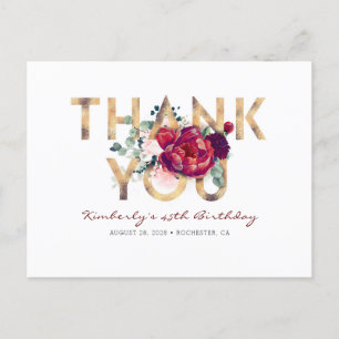 Burgundy Red Peony Guld Birthday Tack Vykort