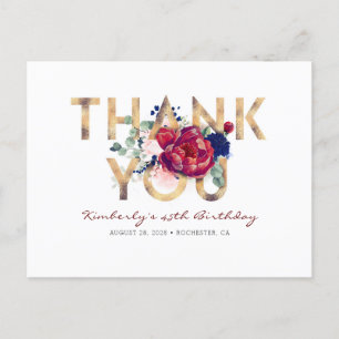 Burgundy Red Peony Navy Blue Birthday Tack Vykort