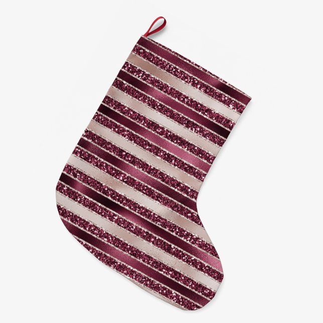 Burgundy Red Pink Rose Gold Glitter Stripes       Stor Julstrumpa (Framsidan (Hängande))
