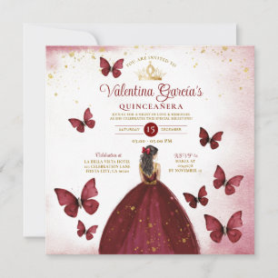 Burgundy Red Quinceañera 15 Anos Butterfly Guld Inbjudningar