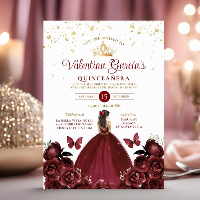 Burgundy Red Quinceañera 15 Anos Flowers Guld Inbjudningar (Skapare uppladdad)