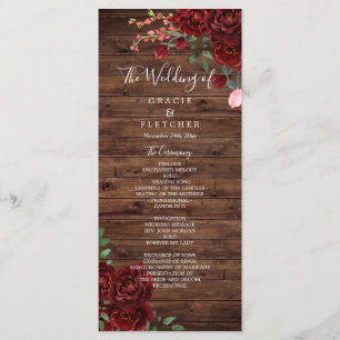 Burgundy Red Romantic Ro Rustic Wood Bröllop Program