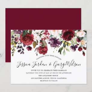 Burgundy Red Romantic Watercolor Flowers Bröllop Inbjudningar