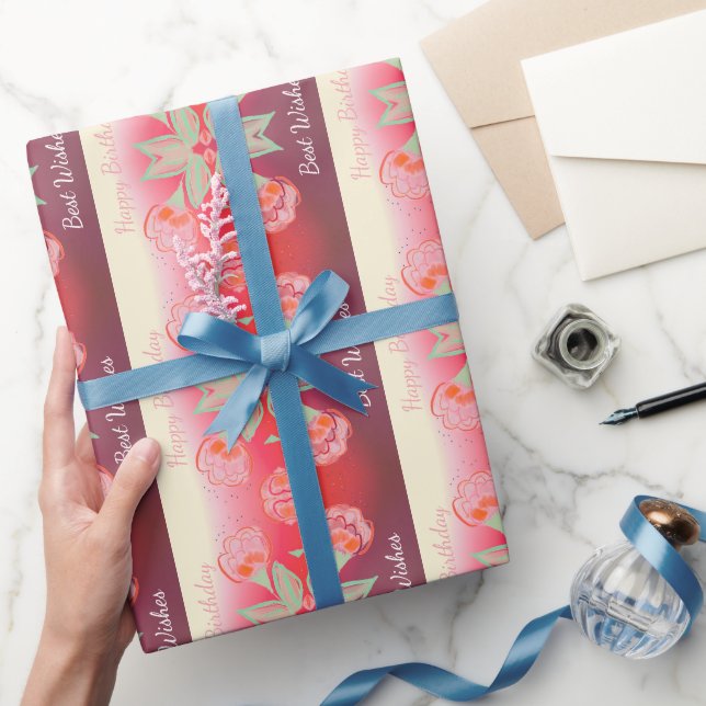 Burgundy Red Rosa and Orange Blommigt Presentpapper (Gifting)