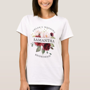 Burgundy Red Rosa Blommigt Bridesmaid T Shirt