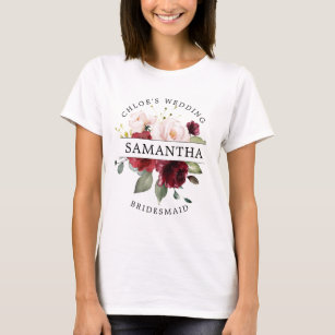 Burgundy Red  Rosa Blommigt Bridesmaid T Shirt