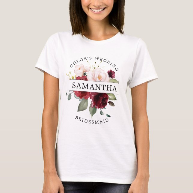 Burgundy Red  Rosa Blommigt Bridesmaid T Shirt (Framsida)